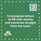 Promotional graphic with text and cartoon characters on a green background