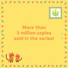 Yellow background with cartoon cats, a flower stamp, and text about book sales.