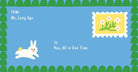 Cartoon rabbit on a blue background with a postage stamp and text