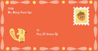 Greeting card with a cartoon squirrel, postage stamp, and text on an orange background