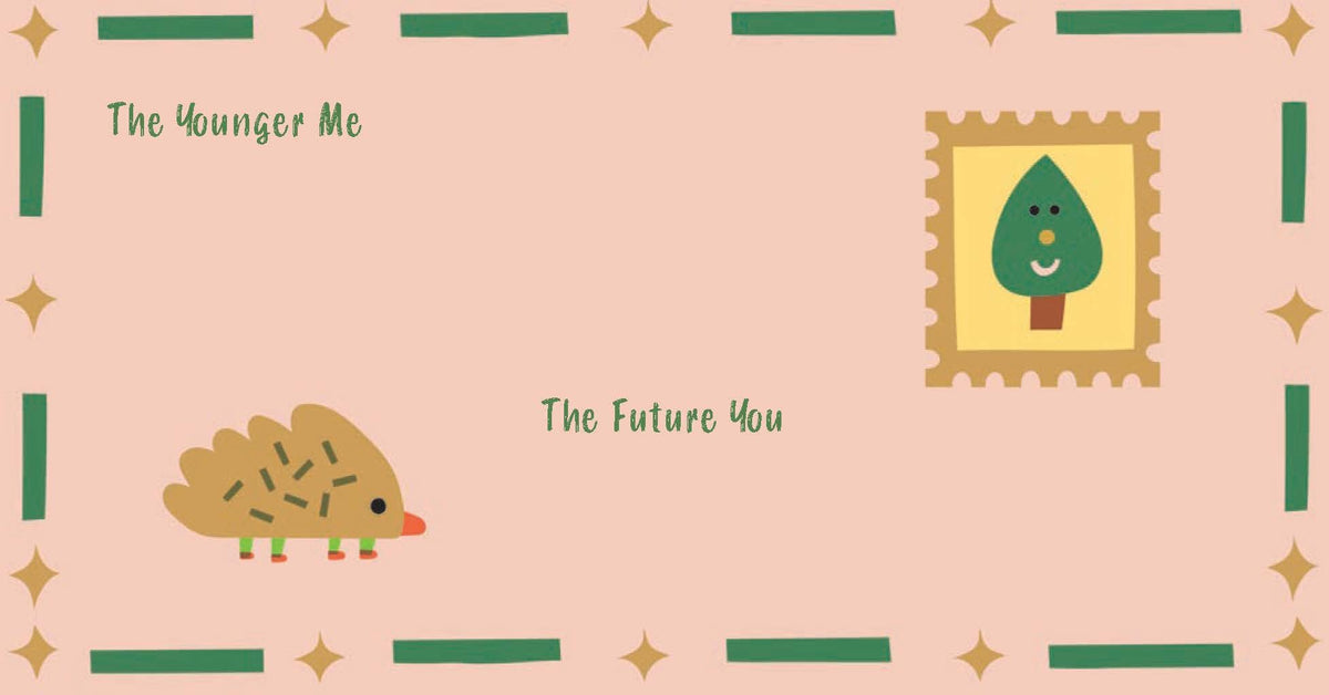 Illustration of a hedgehog and a tree with text 'The Younger Me' and 'The Future You' on a pink background.
