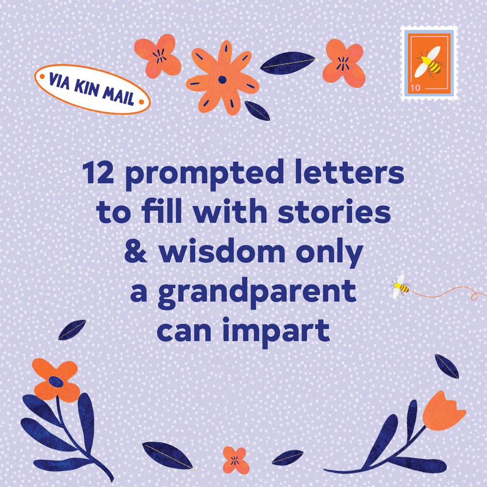Promotional graphic with flowers and text about '12 prompted letters to fill with stories & wisdom only a grandparent can impart'.