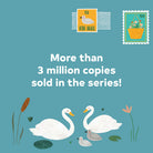 Illustration of swans and ducks with promotional text on a blue background