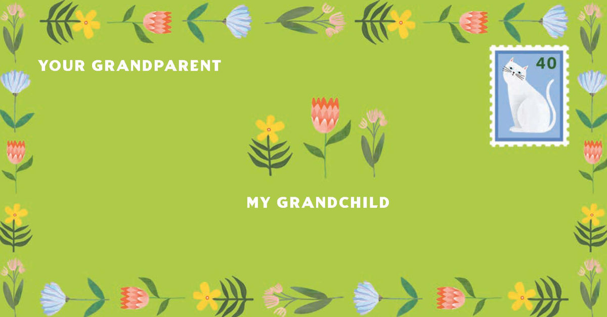 Greeting card with floral border and postage stamp on green background