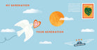 Cartoon illustration of a dove with a heart, sun, and clouds on a blue background with text and graphics.