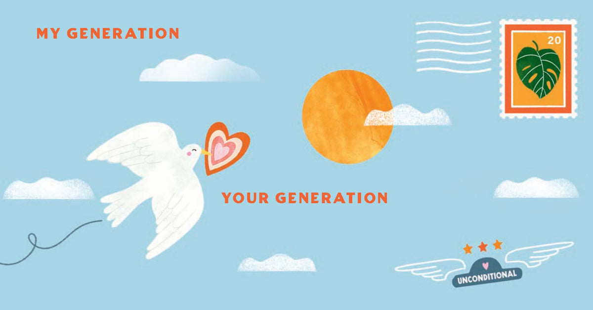 Cartoon illustration of a dove with a heart, sun, and clouds on a blue background with text and graphics.