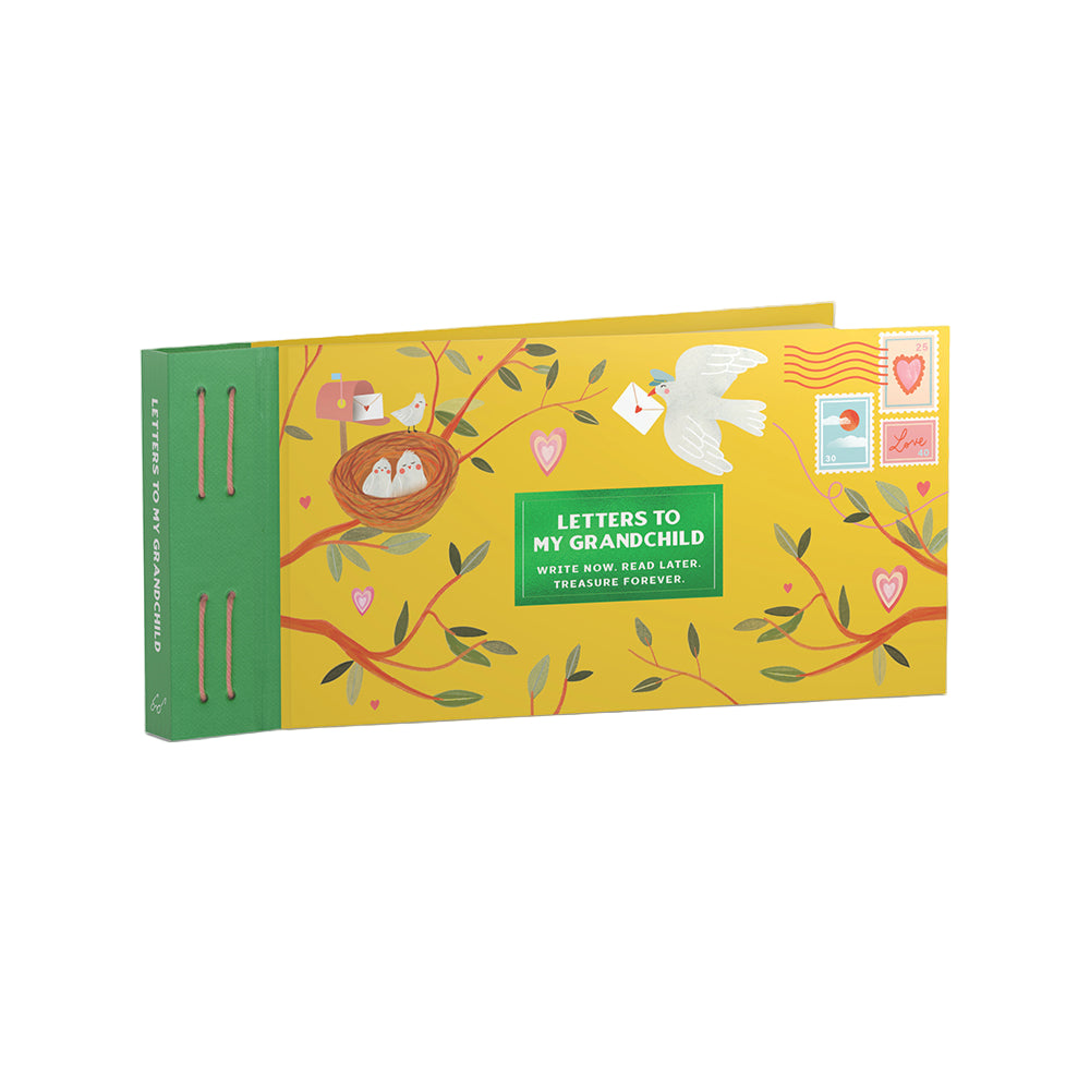 Book titled 'Letters to My Grandchild' with a yellow cover featuring illustrations of a dove, nest, and heart on a white background.