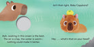An illustrated spread from "Baby Capybara - Finger Puppet Book" showing an adult capybara and a plush baby capybara finger puppet relaxing in a hot spring with yuzu fruit, alongside a finger hole and text that reads "Aah, soaking in this onsen is the best. The air is crisp, the water is warm—nothing could make it better.", "Hey... what's that on your head?", and "Isn't that right, Baby Capybara?".