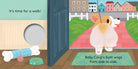 An illustrated page from "Baby Corgi Butt" featuring a corgi puppy stepping out of a doorway onto a red brick path with townhomes in the background, with text that reads "It's time for a walk!" and "Baby Corgi's butt wags from side to side."