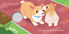 An illustrated page from "Baby Corgi Butt" featuring two corgi puppies greeting each other on a red brick path, with text that reads "Hey, another corgi!" and "The corgi says hello very politely."