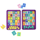 Two colorful trays with cartoon character cards and dot markers on a white background