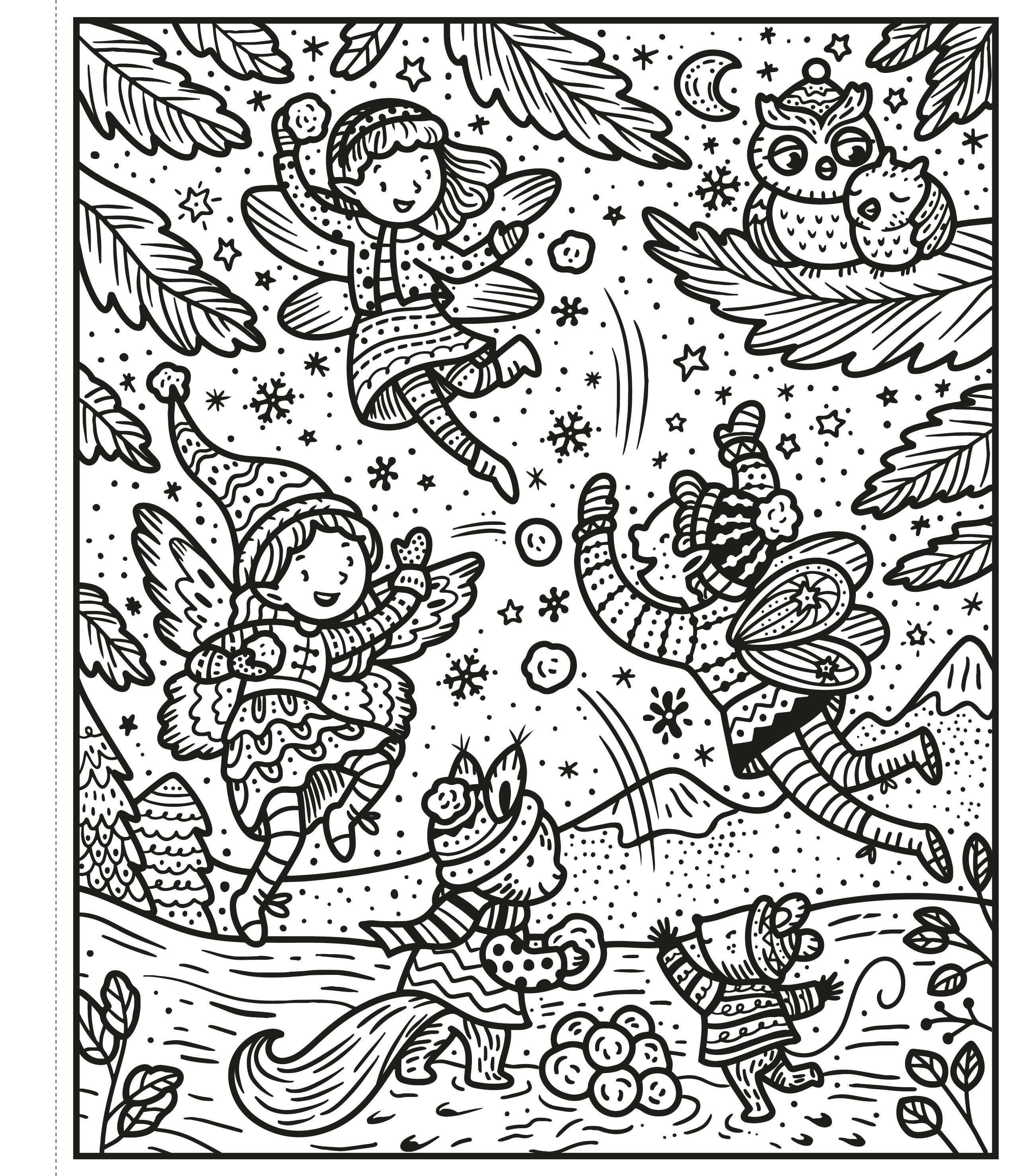 Coloring page with fairies and owls in a winter scene