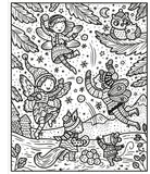 Coloring page with fairies and owls in a winter scene