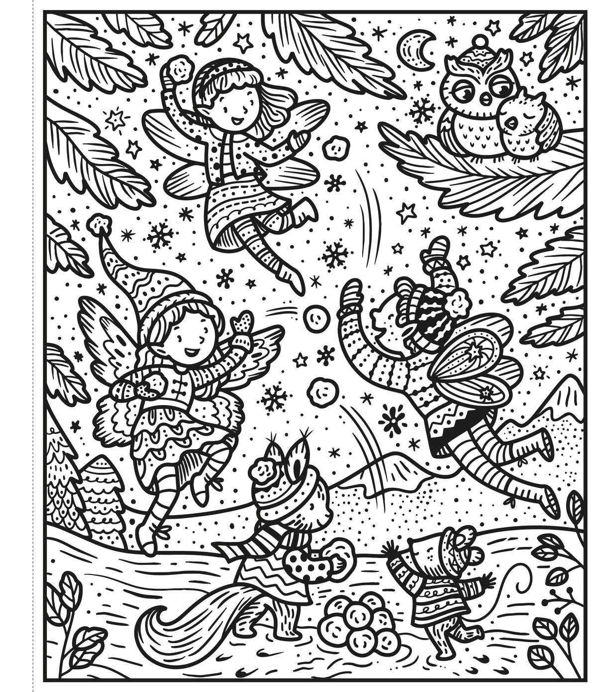 Coloring page with fairies and owls in a winter scene