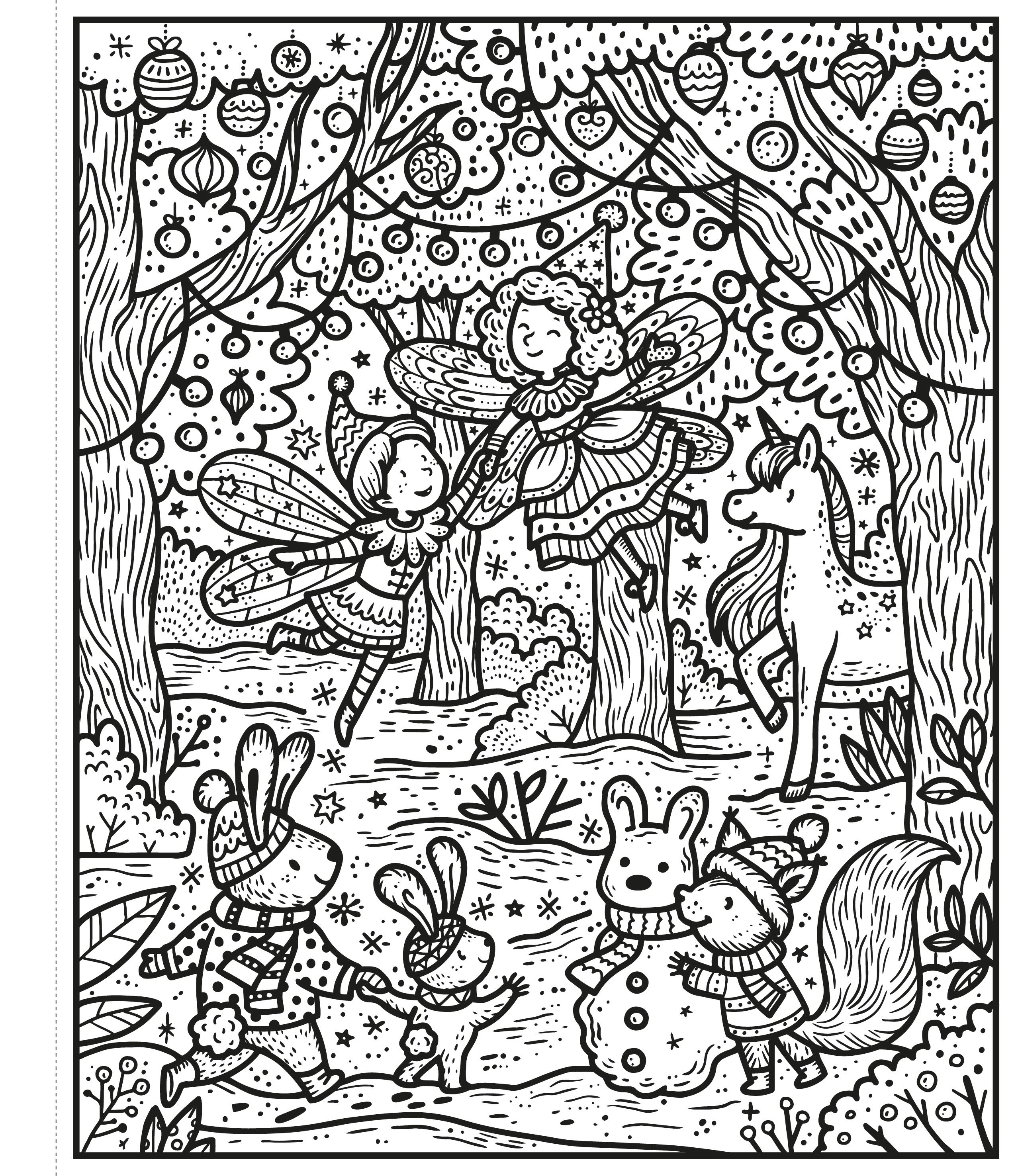 Illustration of fairies, a unicorn, and other fantasy creatures in a snowy forest setting.