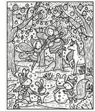 Illustration of fairies, a unicorn, and other fantasy creatures in a snowy forest setting.