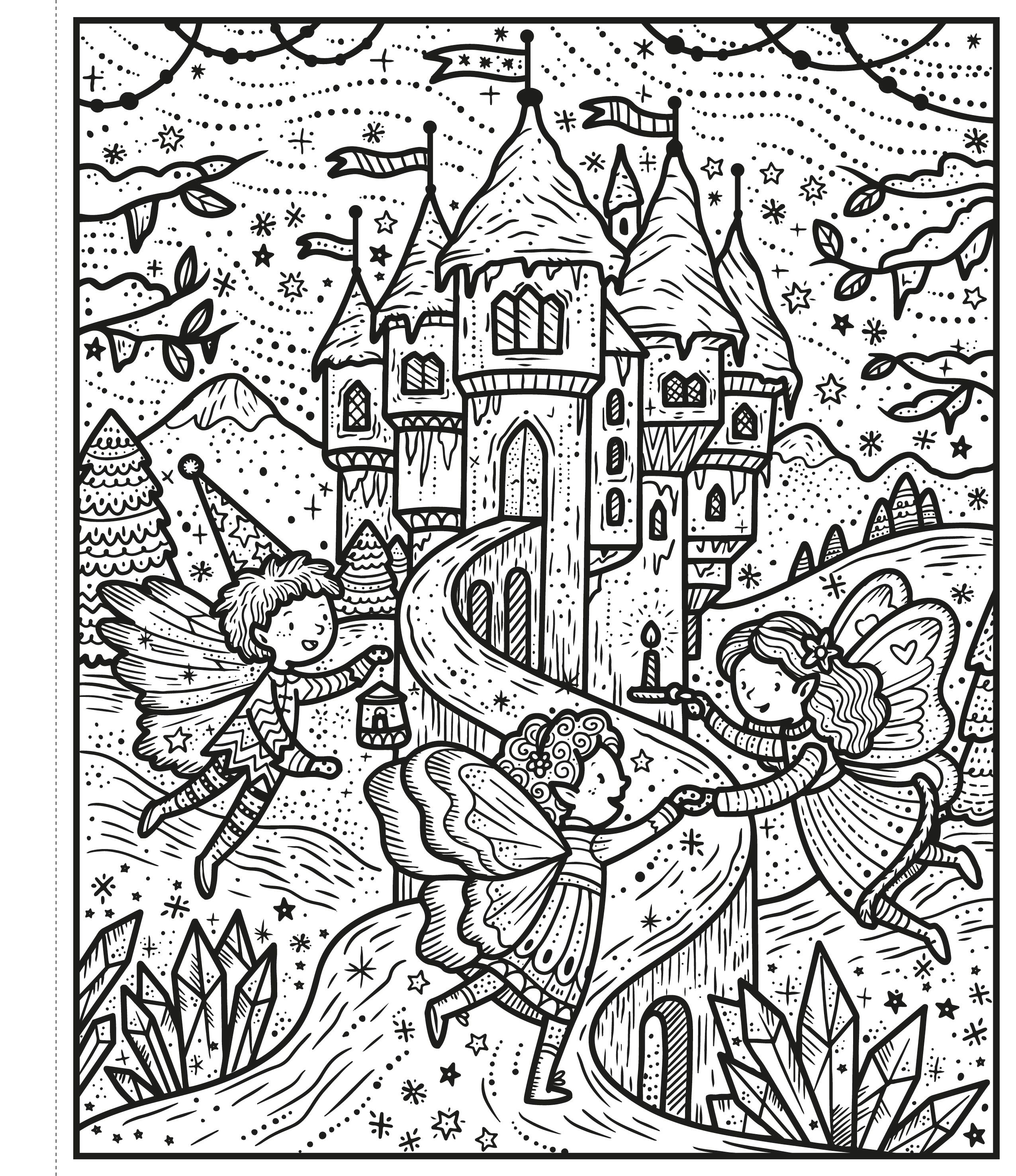 Illustration of fairies, castle and other fantasy creatures in a snowy forest setting.