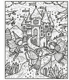 Illustration of fairies, castle and other fantasy creatures in a snowy forest setting.
