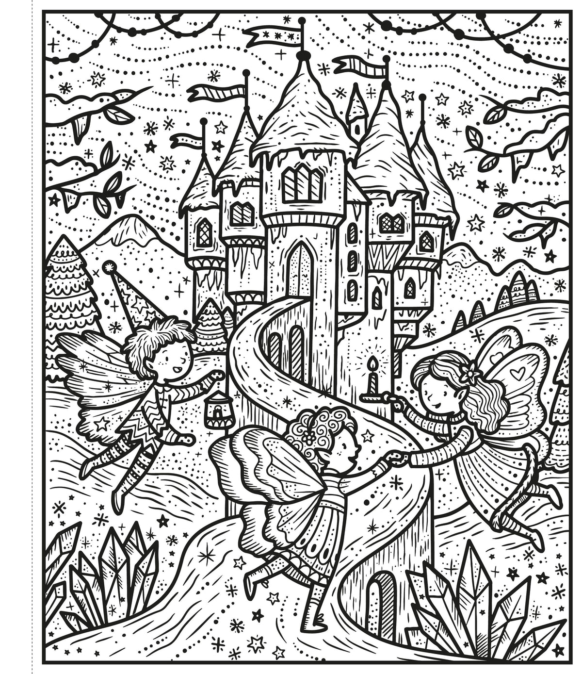 Illustration of fairies, castle and other fantasy creatures in a snowy forest setting.
