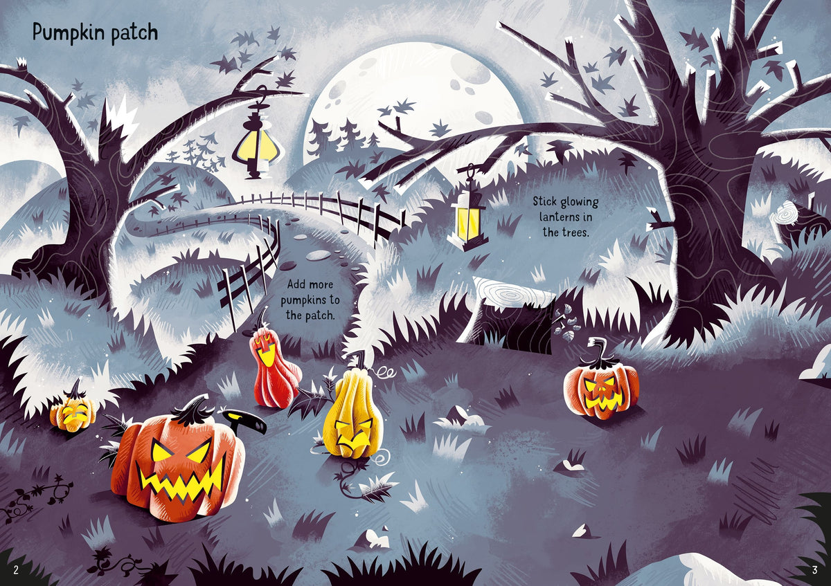 Cartoon Halloween scene with pumpkins, ghosts, and a full moon.