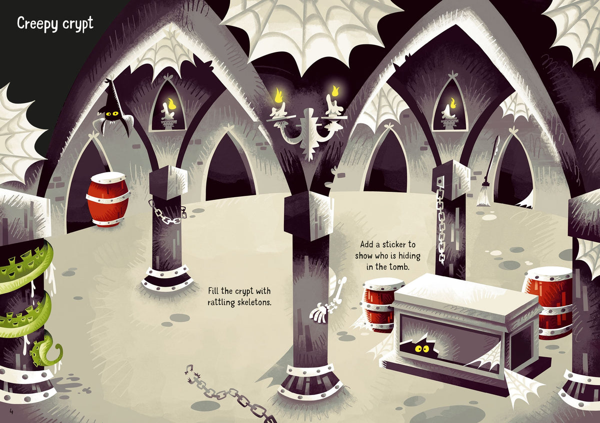 Gothic-style interior with arches, candles, and a coffin.