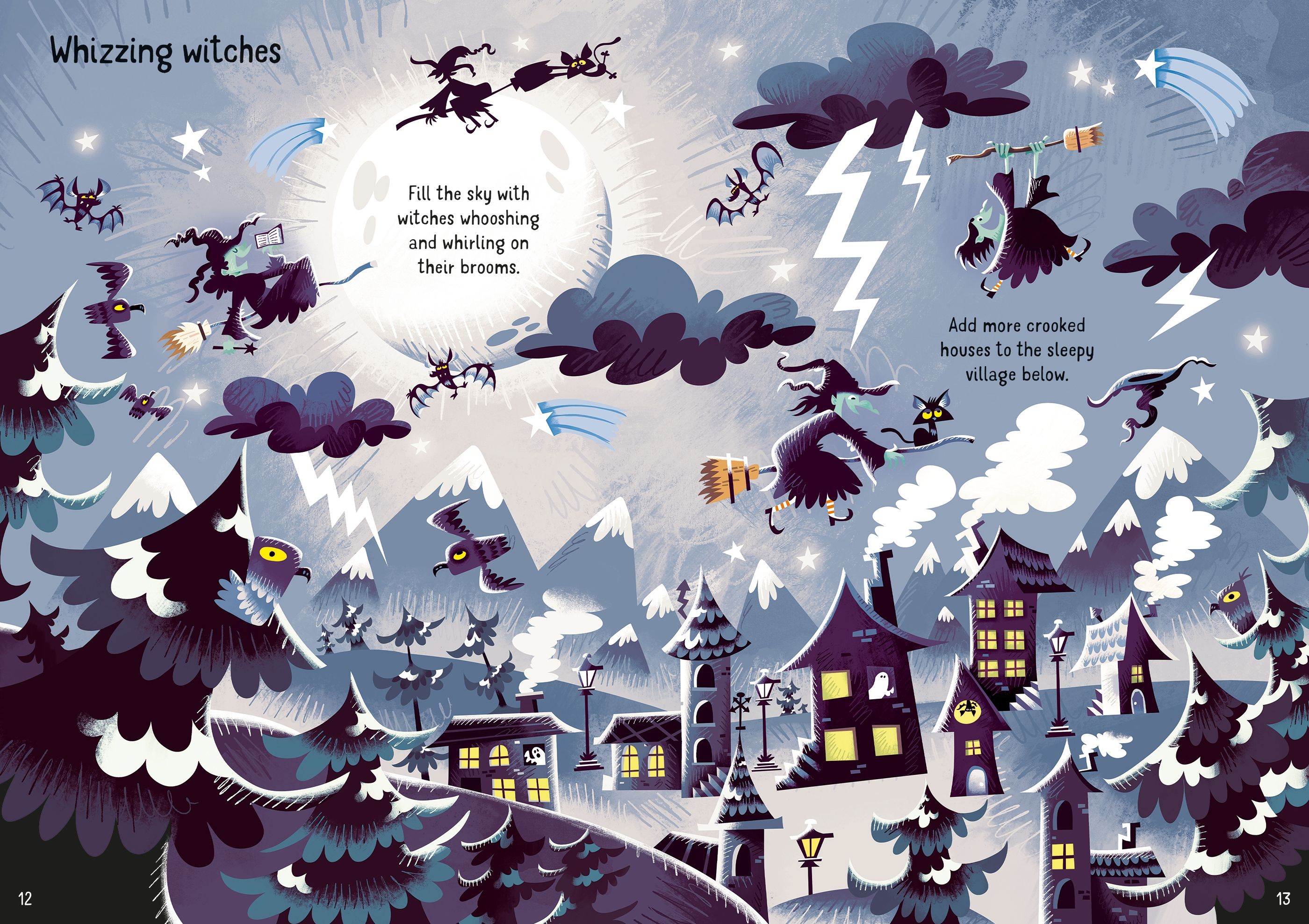 Illustration of witches flying over a village at night with text 'Whizzing witches'.