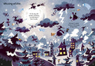 Illustration of witches flying over a village at night with text 'Whizzing witches'.