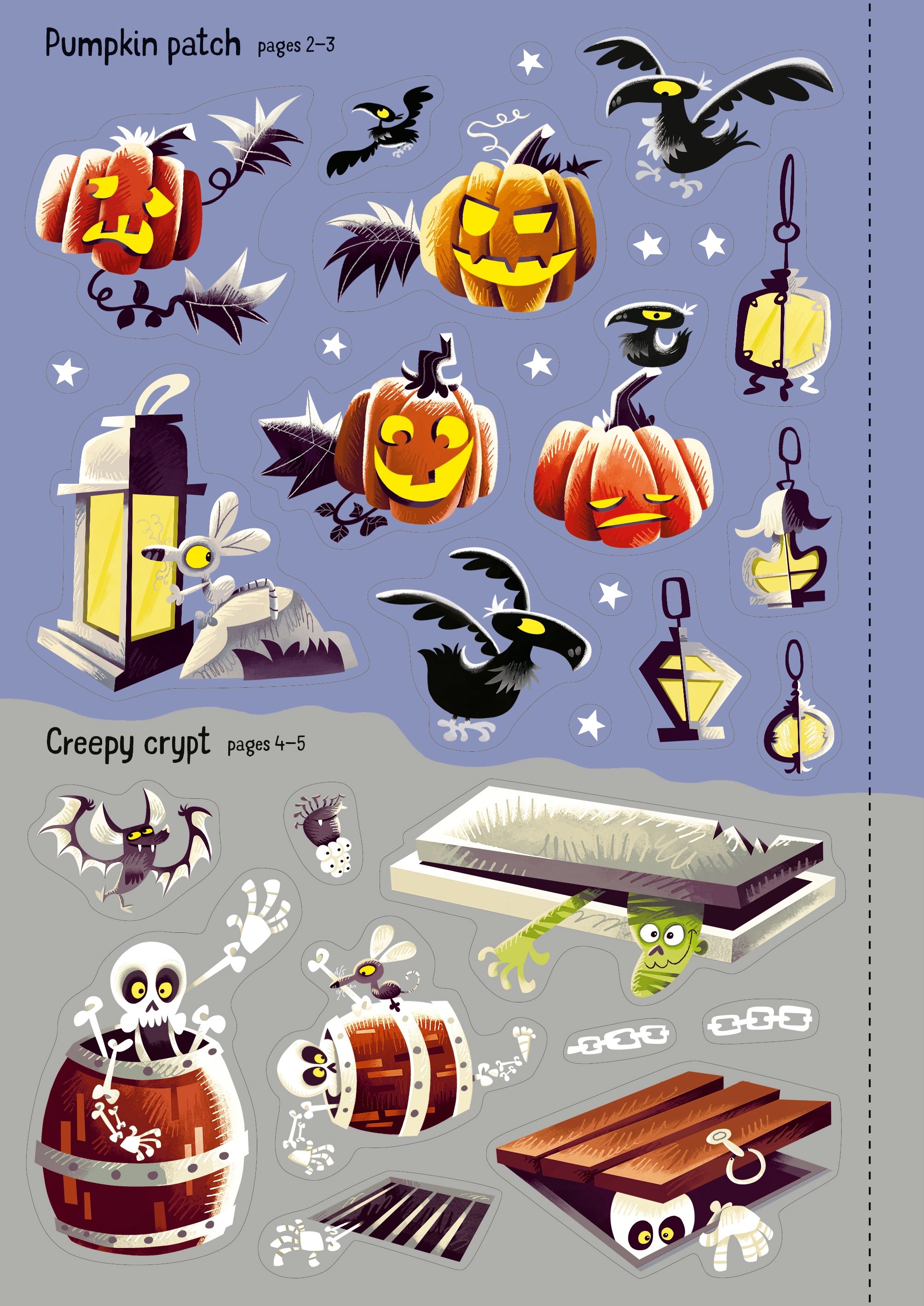 Halloween-themed illustrations including pumpkins, bats, and a coffin on a blue and gray gradient background.