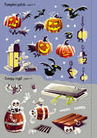 Halloween-themed illustrations including pumpkins, bats, and a coffin on a blue and gray gradient background.