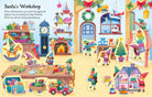 Illustration of Santa's Workshop with elves and toys, featuring a clock, fireplace, and various Christmas decorations.