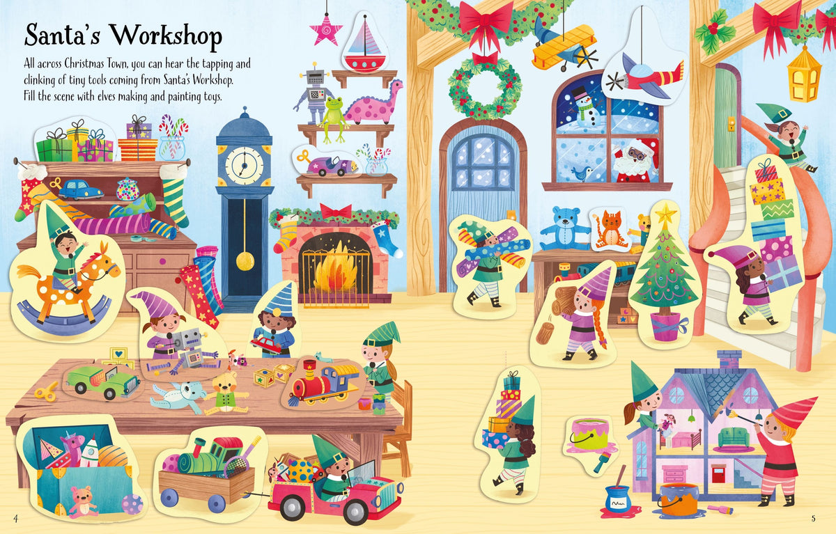 Illustration of Santa's Workshop with elves and toys, featuring a clock, fireplace, and various Christmas decorations.