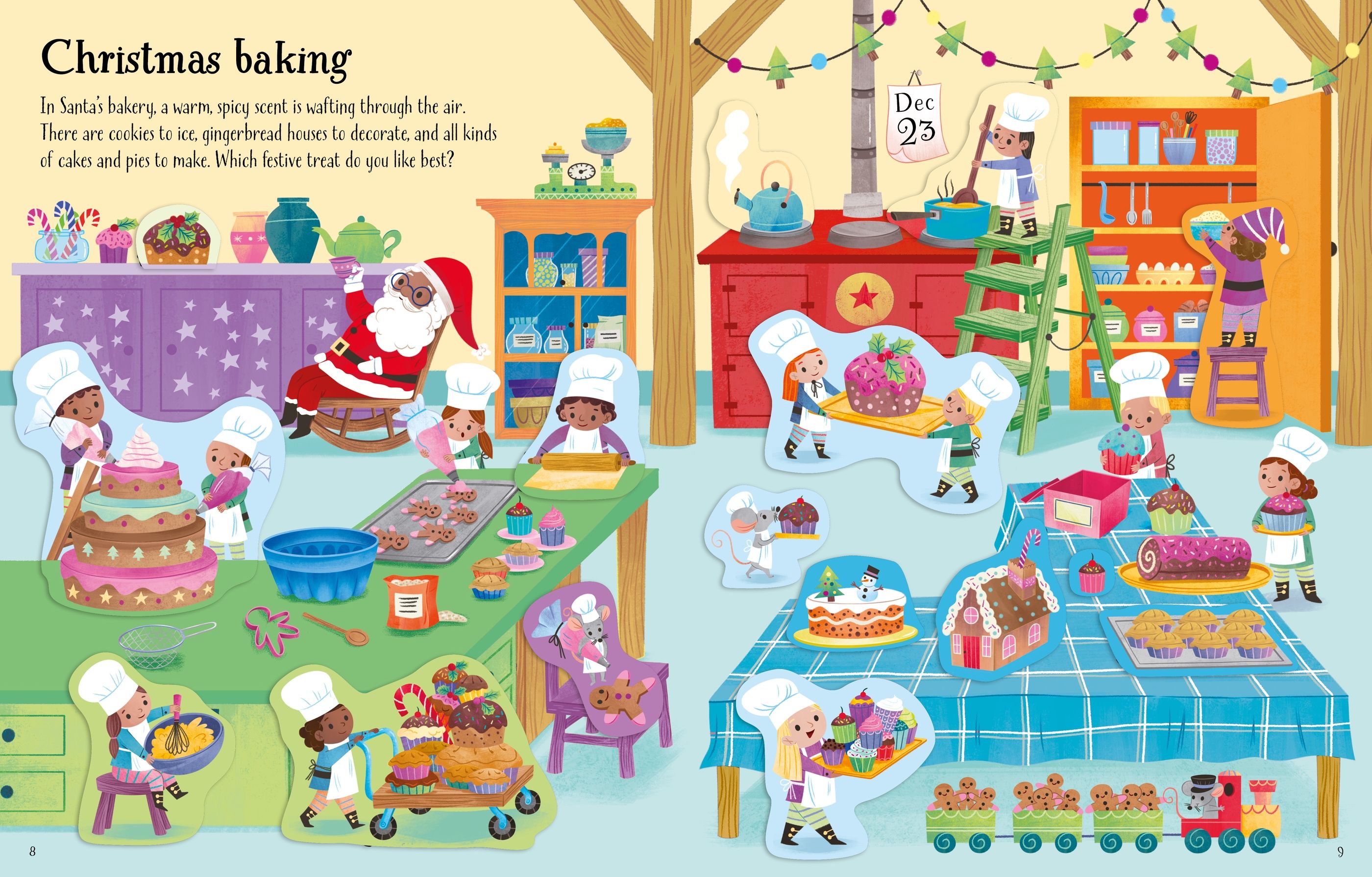 Illustration of a festive kitchen scene with children baking and Santa Claus, featuring various baking activities and decorations.
