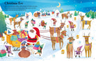 Illustration of Santa Claus with reindeer and elves on Christmas Eve, featuring a snowy landscape.