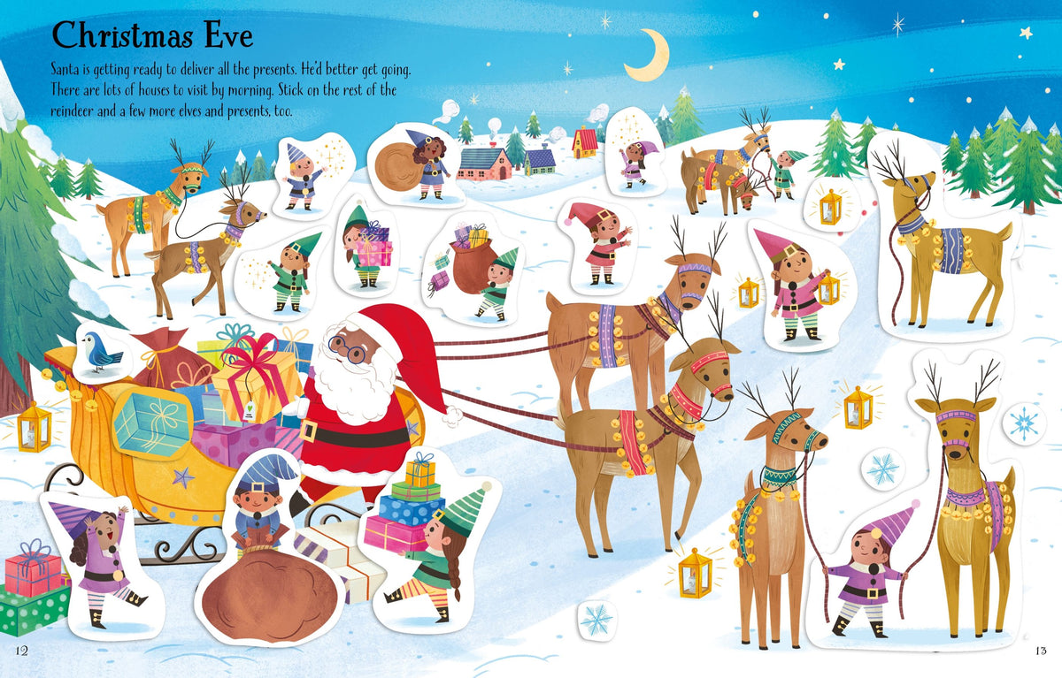 Illustration of Santa Claus with reindeer and elves on Christmas Eve, featuring a snowy landscape.