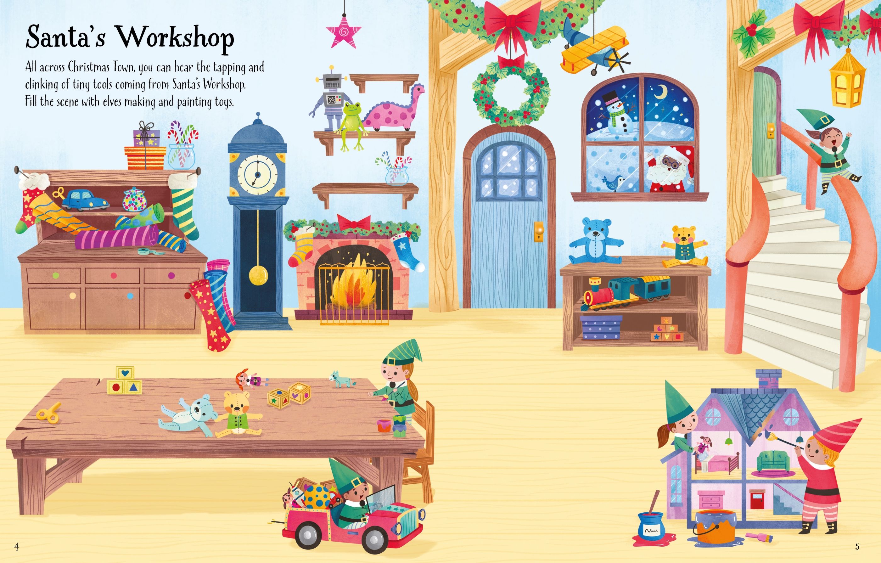 Illustration of Santa's Workshop with elves and Christmas decorations