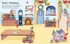 Illustration of Santa's Workshop with elves and Christmas decorations