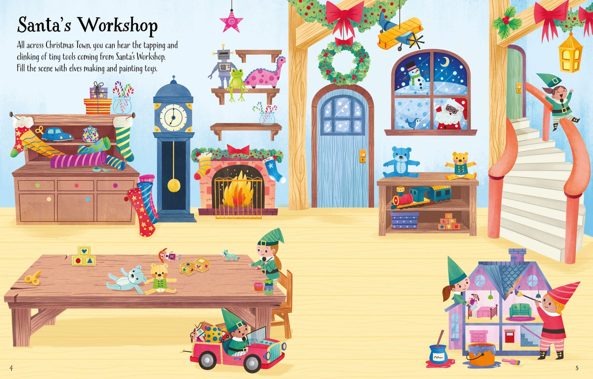 Illustration of Santa's Workshop with elves and Christmas decorations