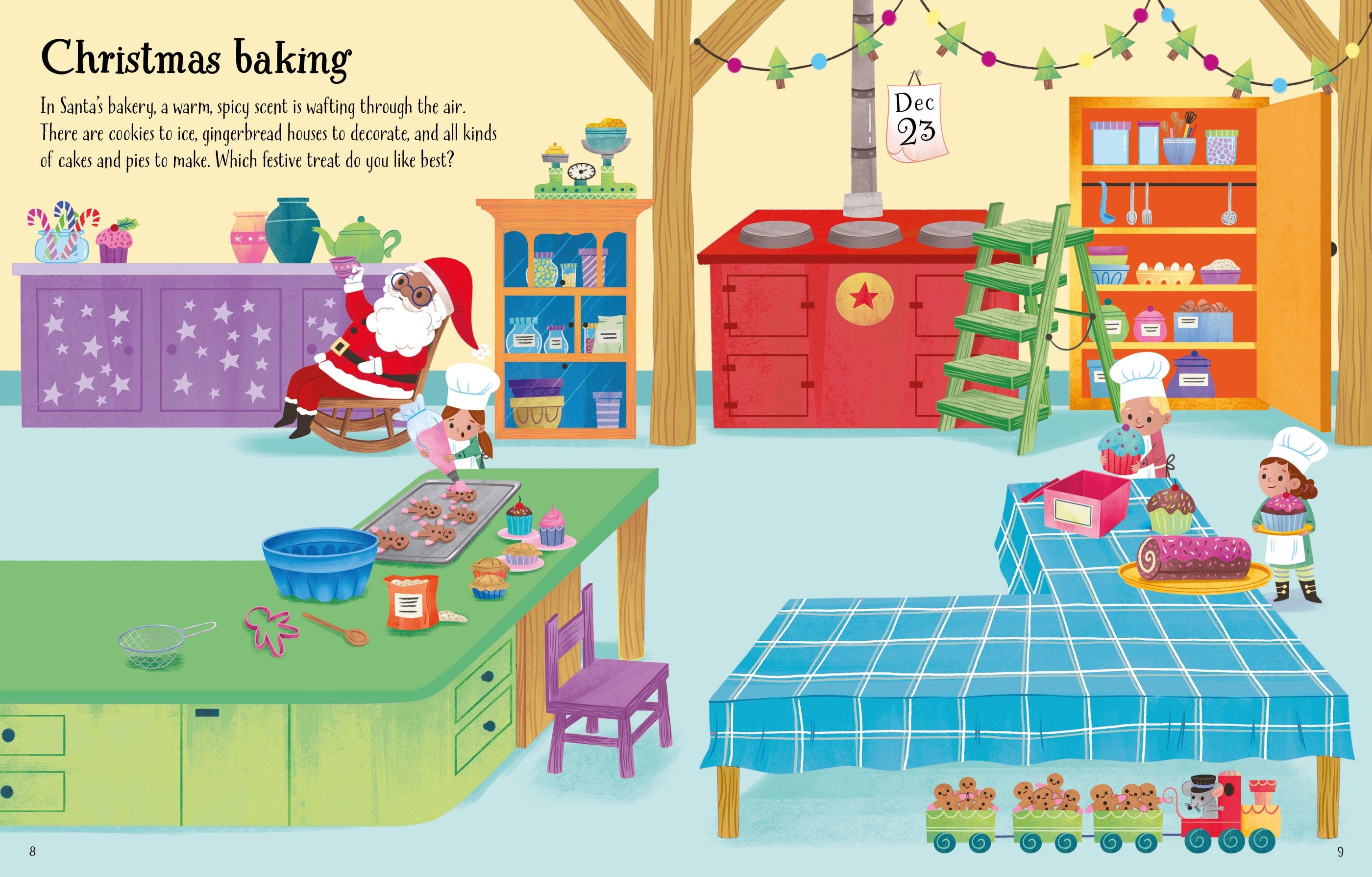 Illustration of a festive kitchen scene with Santa Claus and children baking Christmas treats.