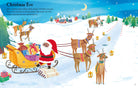 Illustration of Santa Claus with reindeer delivering presents on Christmas Eve.