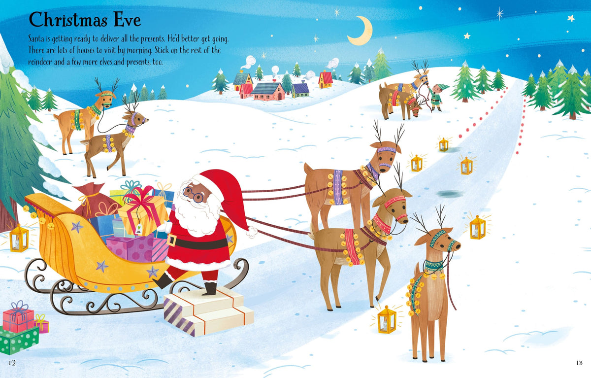 Illustration of Santa Claus with reindeer delivering presents on Christmas Eve.