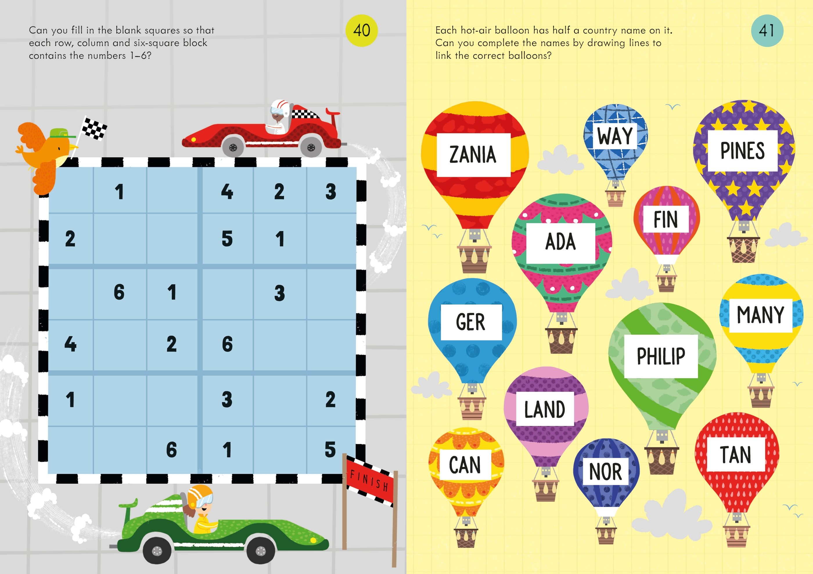 Educational page from a book with number puzzle and hot air balloons with country names.