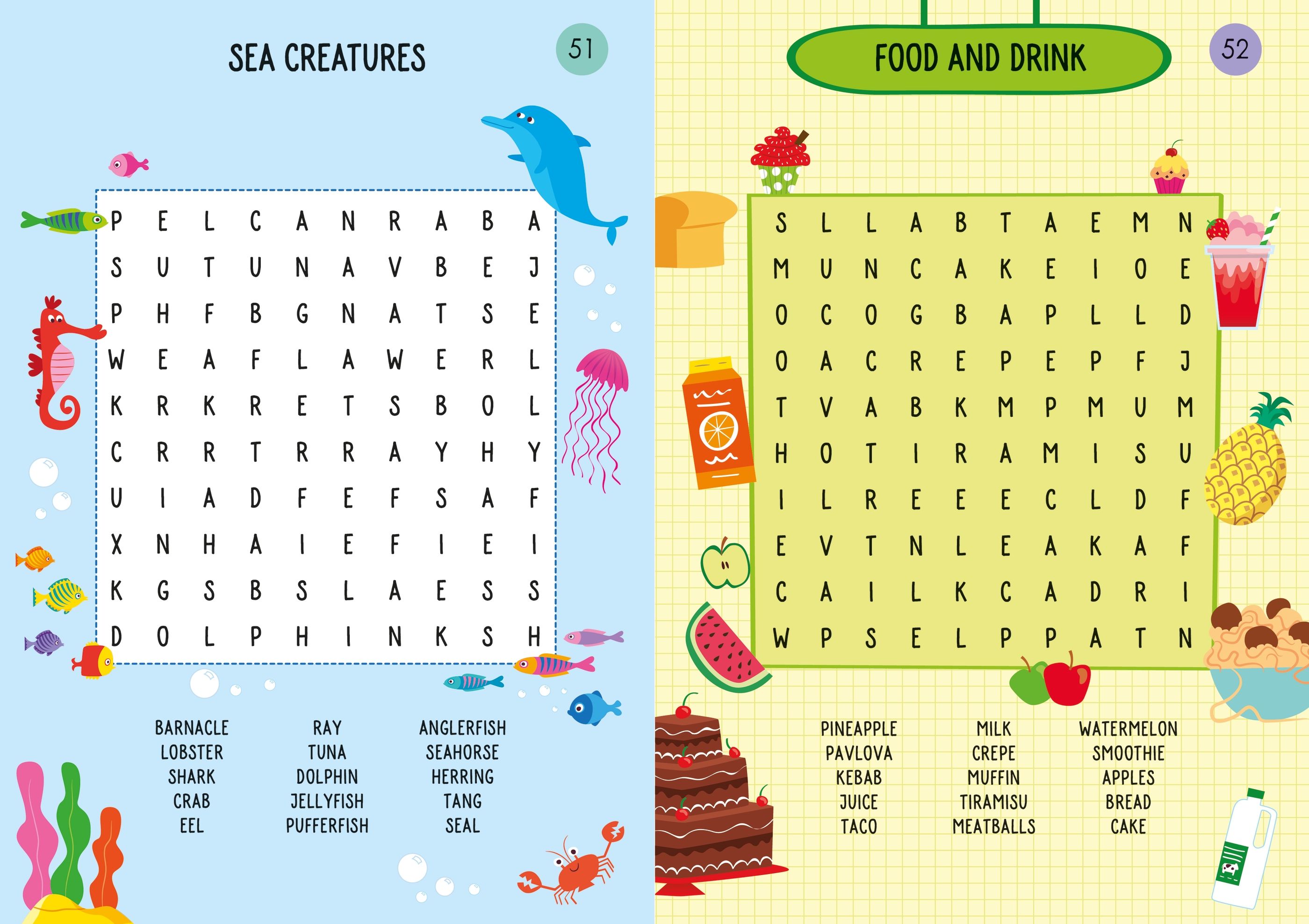 Two word search puzzles on a colorful background with sea creature and food and drink themes.