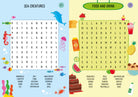 Two word search puzzles on a colorful background with sea creature and food and drink themes.