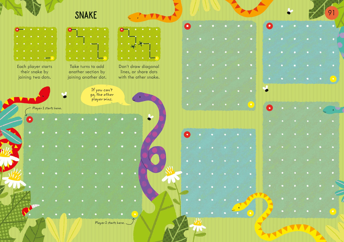 Snake game board with colorful snakes and green background