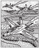 Black and white illustration of vintage airplanes.