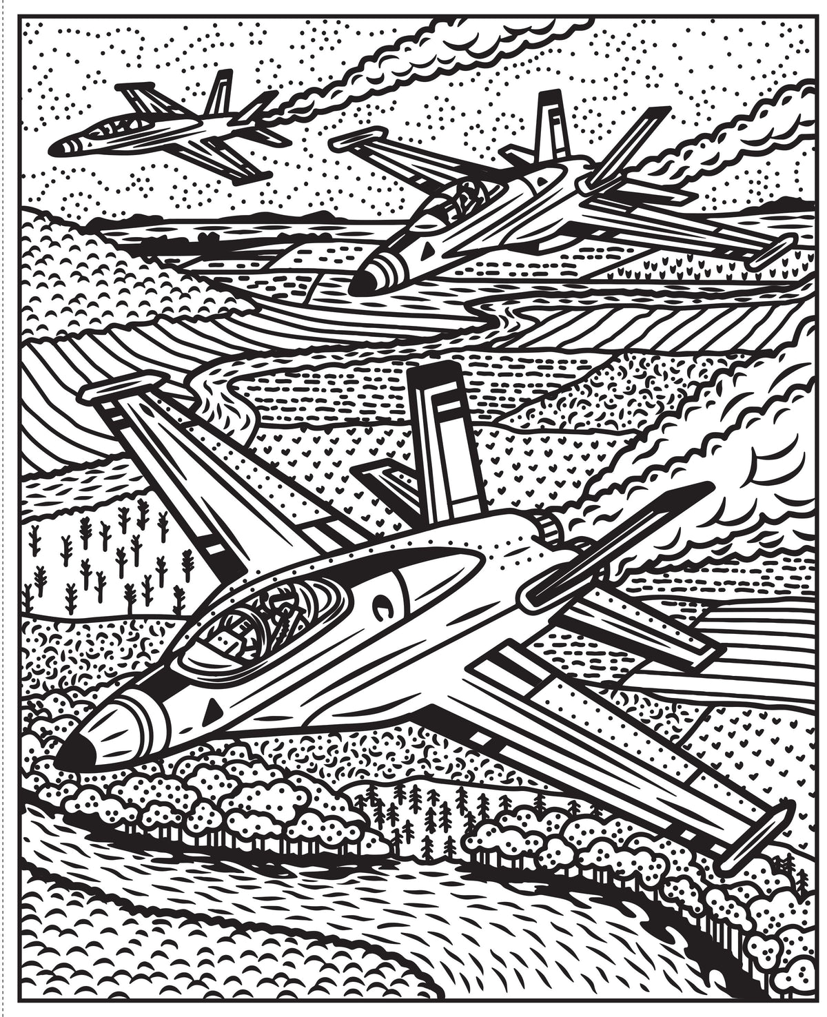 Black and white illustration of vintage airplanes.