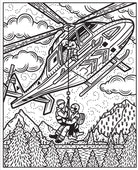 Black and white illustration of a helicopter rescue scene with mountains and trees in the background.