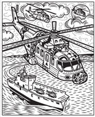 Coloring page with helicopters and a boat on a waterway.