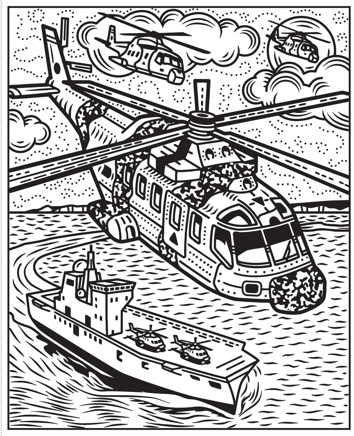 Coloring page with helicopters and a boat on a waterway.