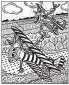 Black and white illustration of vintage airplanes and a dog in a field with trees and clouds.